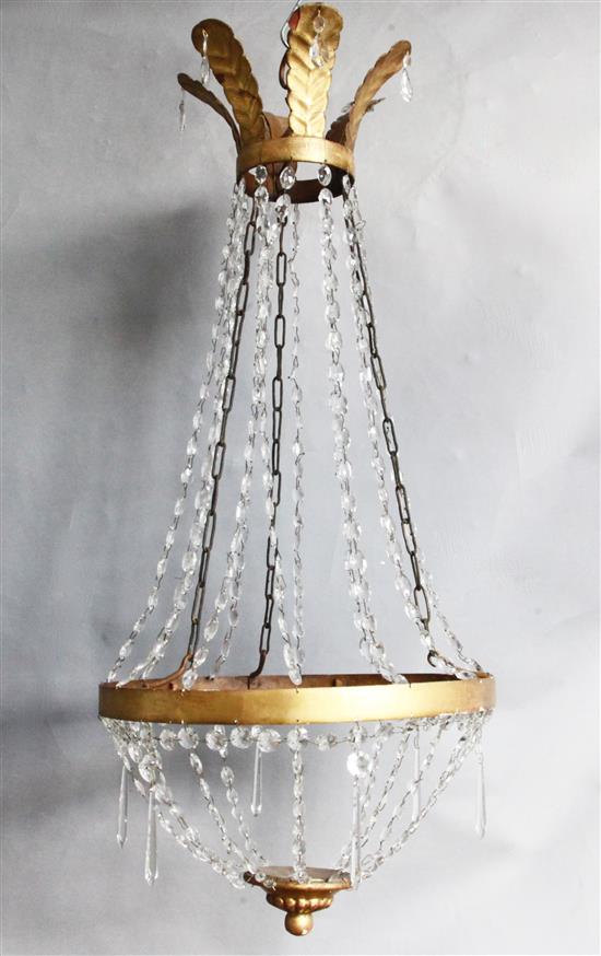 An early 20th century French ormolu and cut glass drop bag chandelier, diameter 1ft 5in.